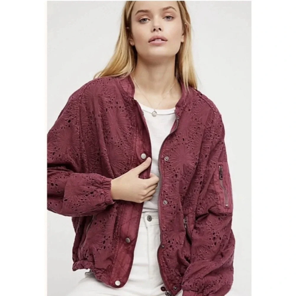 Free People Daisy Jane Eyelet Embroidered Bomber Jacket In Raspberry